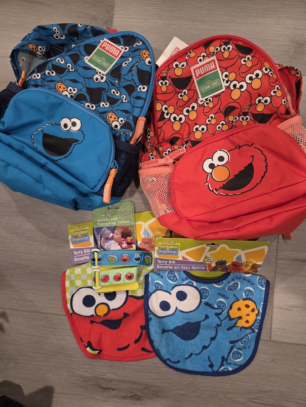 NWT PUMA x Sesame Street Elmo Cookie Monster Backpack Bundle